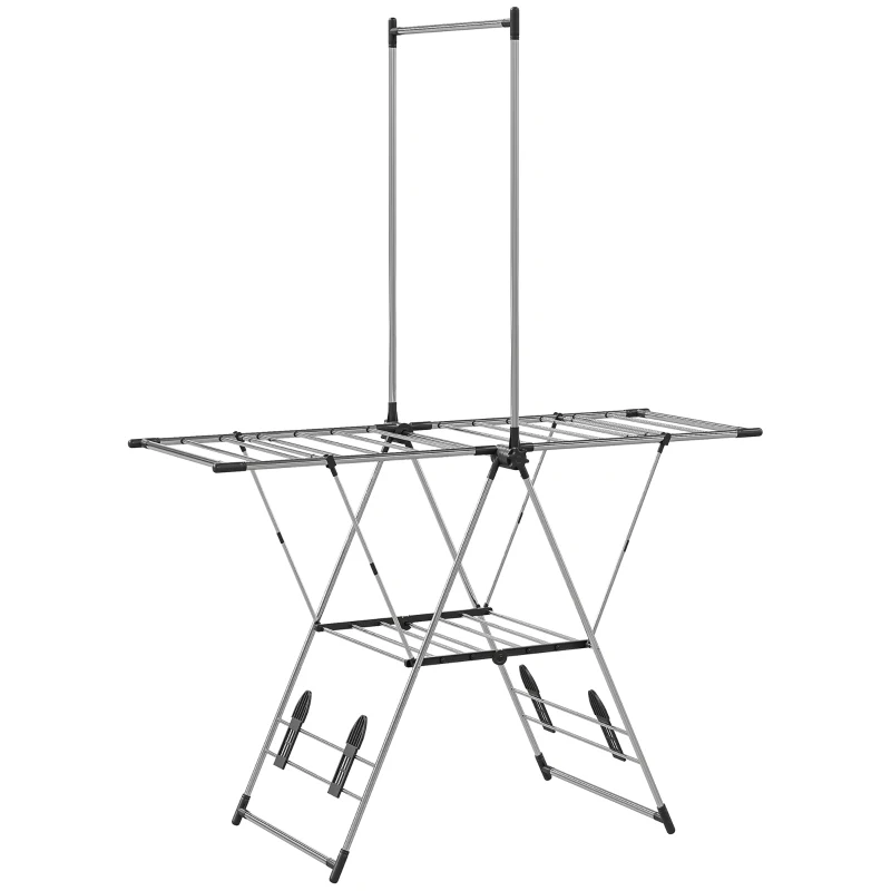 HOMCOM Séchoir Vertical Pliable avec Ailes Ajustables 4 Supports pour Chaussures Barre et Etagère 139x62,5x201 cm Argent