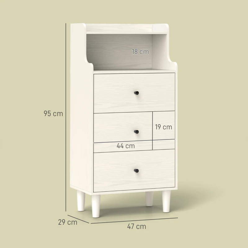 HOMCOM Cómoda com 3 Gavetas Cómoda de Quarto Estreita com Prateleiras Abertas Anti-Tombo Gaveteiro Alto 47x29x95 cm Branco Acinzentado