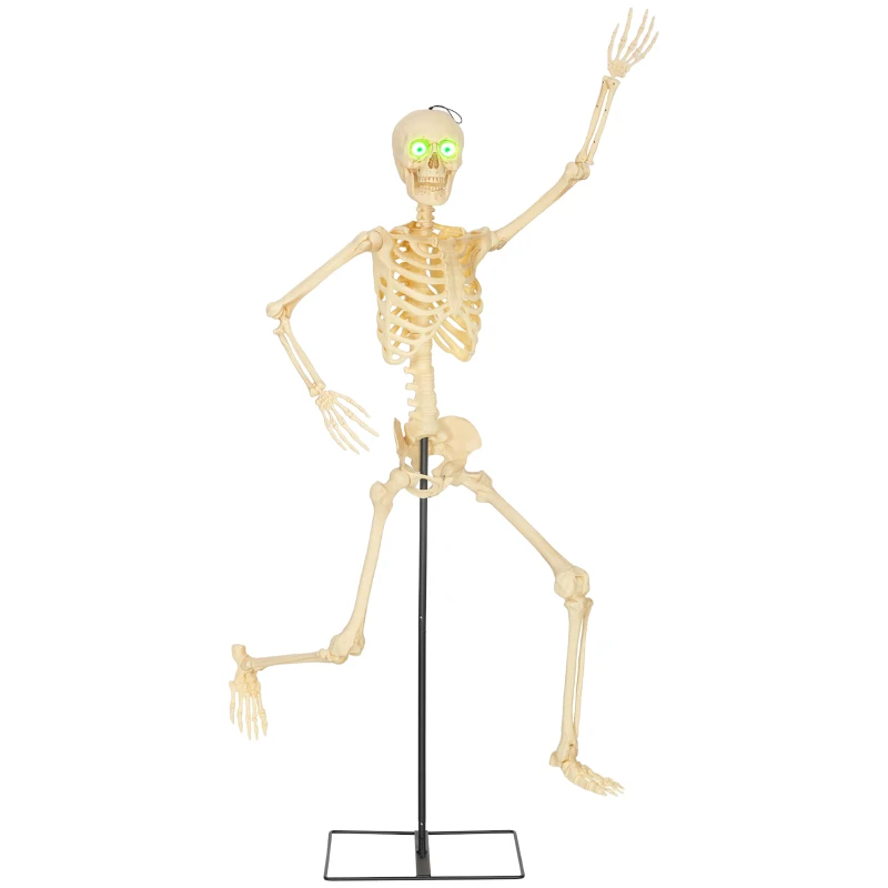 Outsunny Skelett-Figur, Halloween-Dekoration, bewegliche Arme und Beine, Geräusch-Aktivierung, leuchtende Augen, Batteriebetrieb, 152 cm, Metall, Kunststoff, Gelb