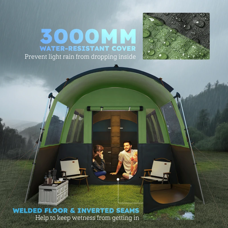 Outsunny 4-Person Camping Tent, Waterproof Family Tent, Tunnel Design, 4 Large Windows, Sleeping Cabins 3000mm Water Column Green