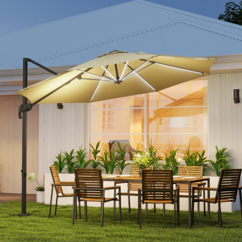 Outsunny 3(m) Adjustable Cantilever Parasol with Base, Solar LED Lights, Khaki
