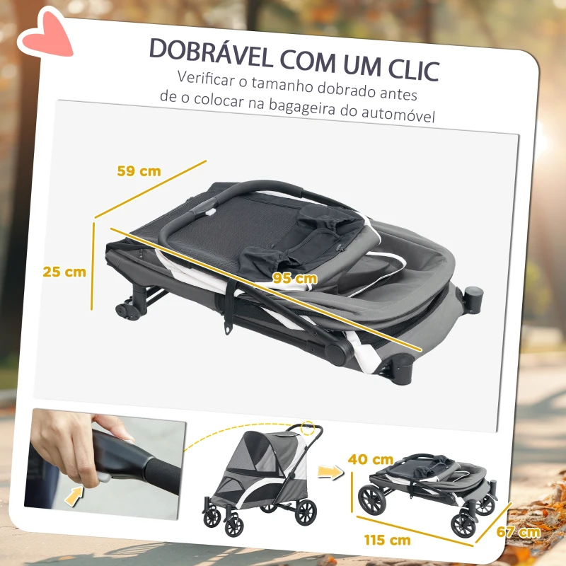 PawHut Carrinho Dobrável para Cães com Janelas de Malha Almofadado Lavável Correias de Segurança 124x67x100 cm Cinzento Escuro