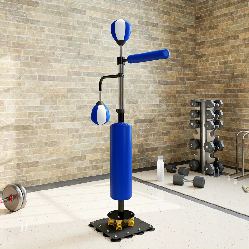 SPORTNOW Punching Bag Stand, Two Speedballs, Rotating Boxing Bar, Kick Pad, Height Adjustable, Steel, 107 x 36 x 140-205 cm, Blue