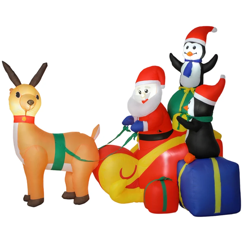 Outsunny Père Noël Gonflable avec Traîneau Pingouins et Renne Lumières LED Décoration de Noël pour Extérieur et Intérieur 180x120x155 cm