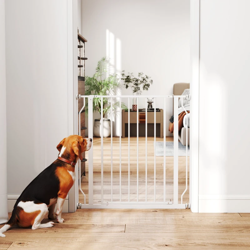 PawHut Puerta para perros Extensible y Ajustable para Escaleras y Puertas, en Acero y ABS, 75-85x76 cm, Blanco