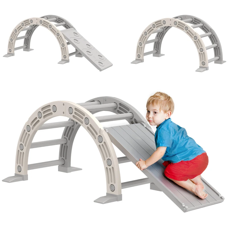AIYAPLAY Escalada para Crianças de 18-48 Meses 4 em 1 com Arco de Escalada Baloiço Rampa e Escorrega 164x70x57 cm Cinza e Branco
