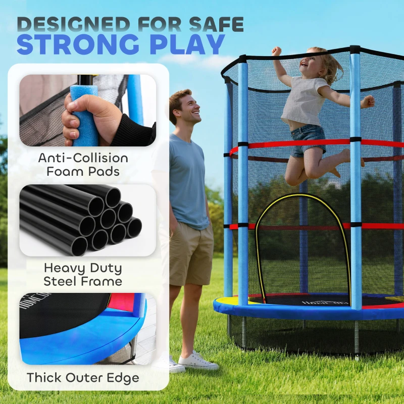 HOMCOM Saltea Elastică pentru Copii 3-6 Ani cu Plasă de Protecție, 6 Stâlpi și 3 Intrări, Ø140x190 cm, Multicolor