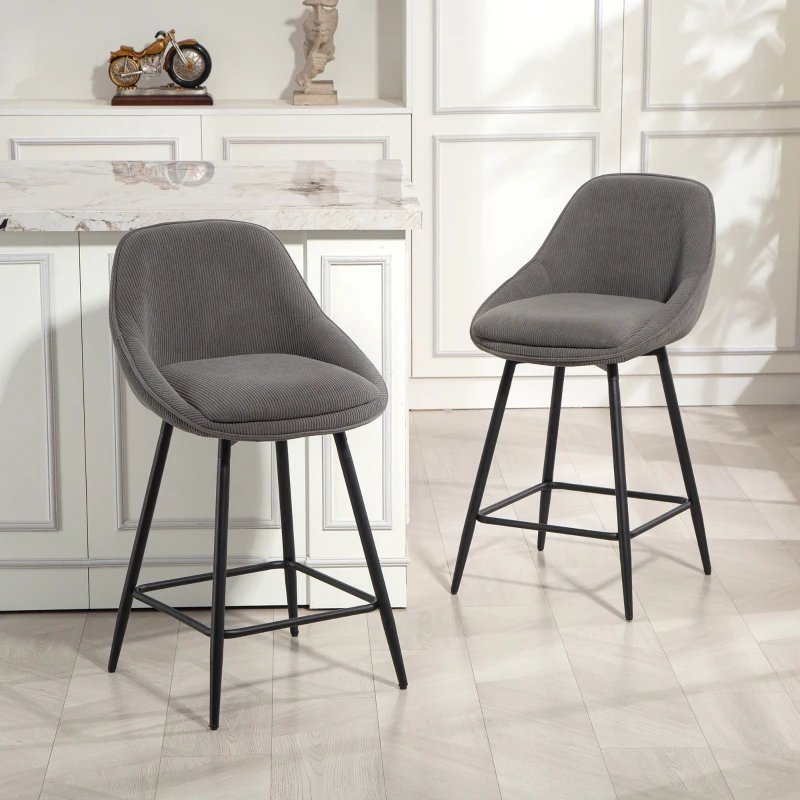 HOMCOM Set of 2 Bar Stools with Cord Upholstery and Steel Legs, Padded Chairs for Kitchen Island, Dining Room, Gray