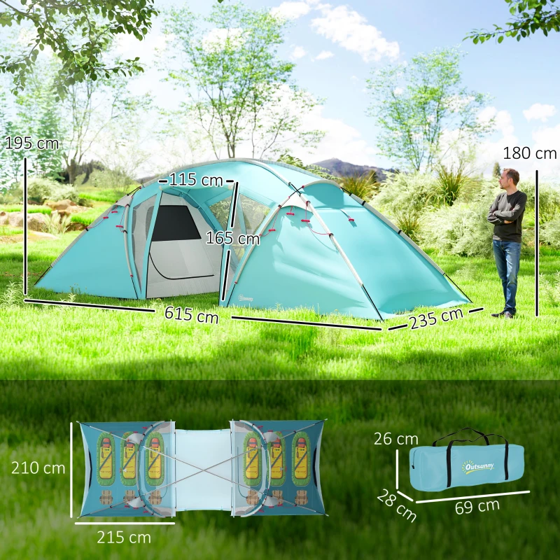 Outsunny 4-6 Man Family Camping Tent w/ 2 Bedrooms and a Living Room, Waterproof Tunnel Tent w/ Sewn In Groundsheet, Doors, Windows, Carry Bag, Blue