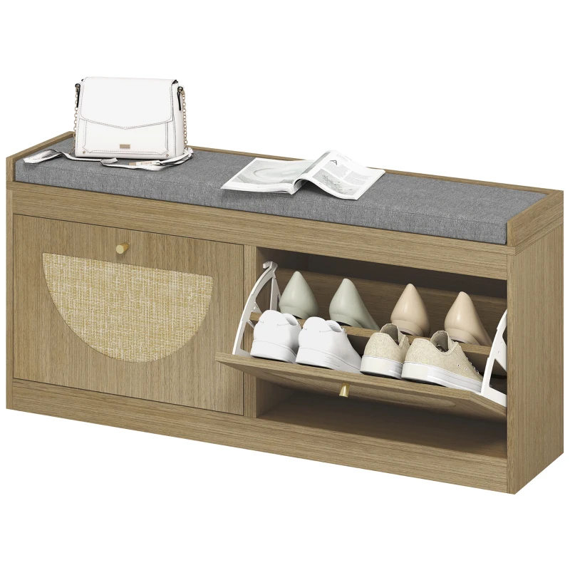 HOMCOM Banco Sapateira com Assento Acolchoado Portas em Vime Prateleira Ajustável para 8 Pares de Sapatos 104,5x24x48 cm Madeira