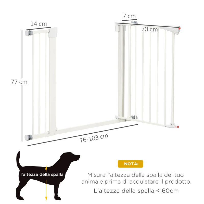 PawHut Cancelletto per Cani Taglia Piccola e Media con Doppia Serratura e Chiusura Automatica, 76-103x4.2x77 cm, Bianco