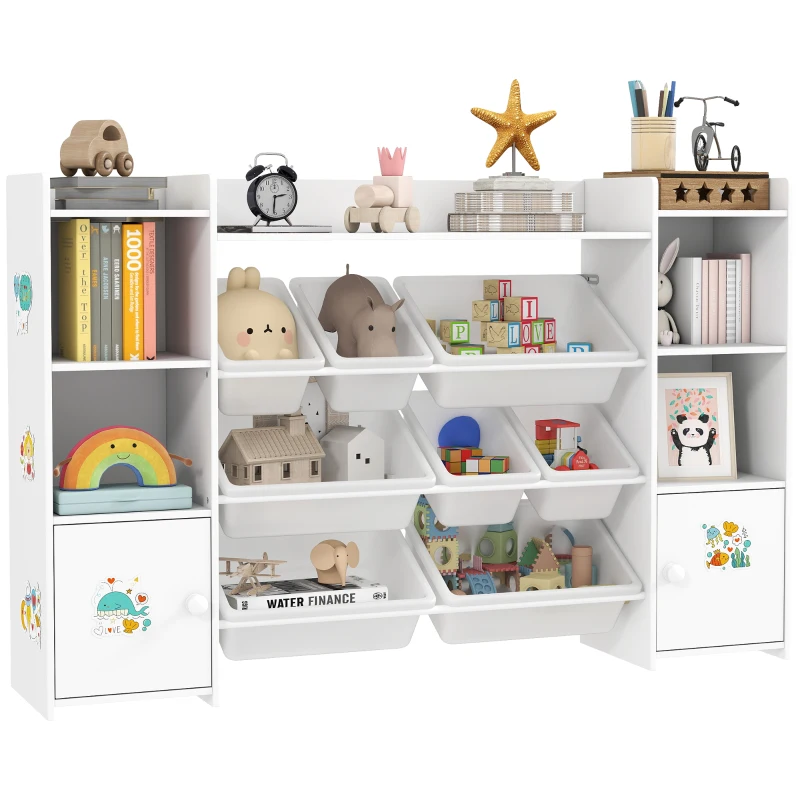 AIYAPLAY Mueble de almacenamiento infantil, estantería de almacenamiento para juguetes infantiles con 8 contenedores extraíbles, 140x30x90 cm, blanco