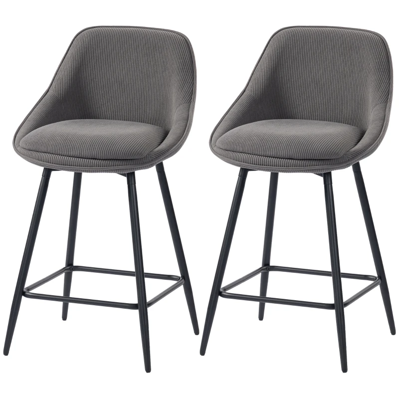 HOMCOM Ensemble de 2 tabourets de bar avec revêtement en tissu côtelé et pieds en acier, chaises rembourrées pour îlot de cuisine, salle à manger, Gris