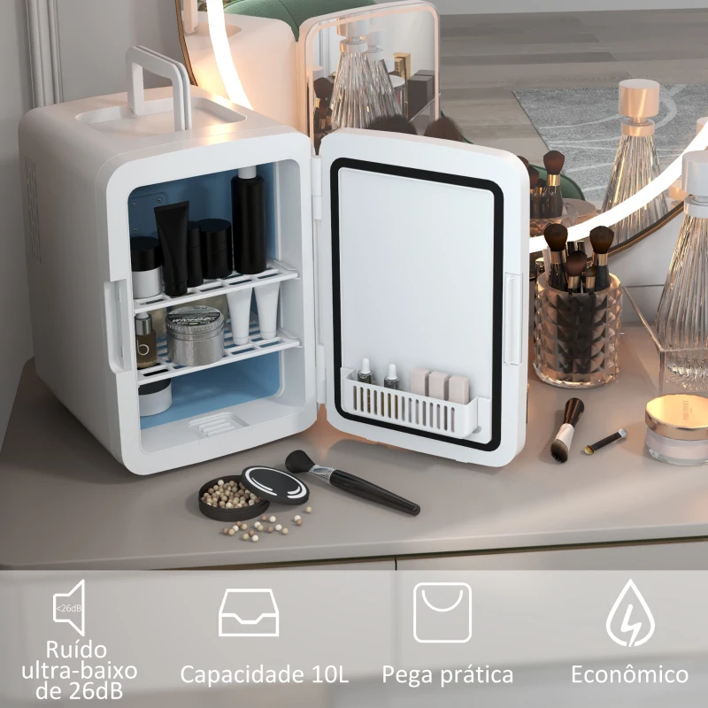 HOMCOM Mini Frigorífico para Cosméticos 10L 12V/240V para Arrefecer e Aquecer com Espelho de Luzes LED  23,5x28x34 cm Branco