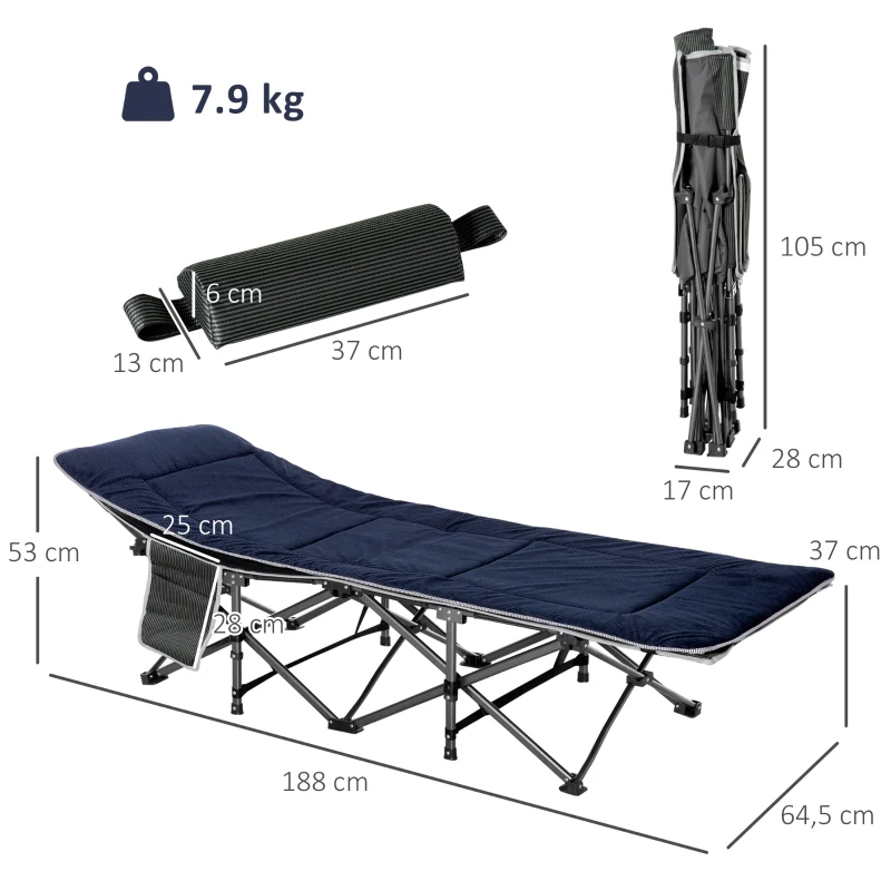 Outsunny Cama de Campismo Dobrável com Almofada Bolso Lateral e Bolsa de Transporte 188x64,5x53 cm Preto e Azul Escuro