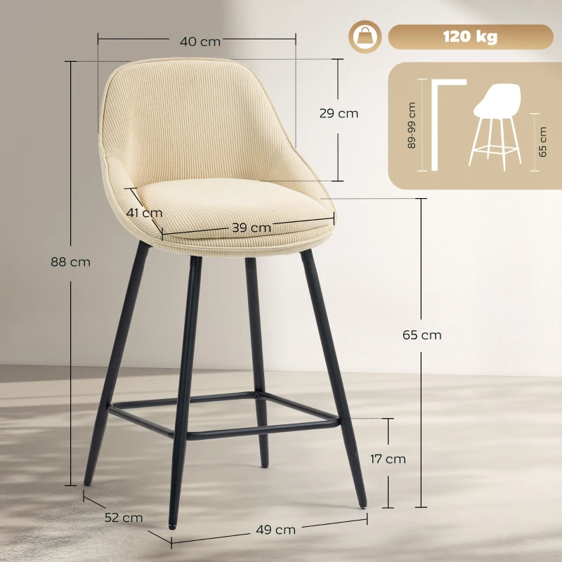 HOMCOM Ensemble de 2 Tabourets de Bar Pivotants avec Dossier et Accoudoirs, Revêtement en Velours Côtelé et Repose-Pieds, Beige