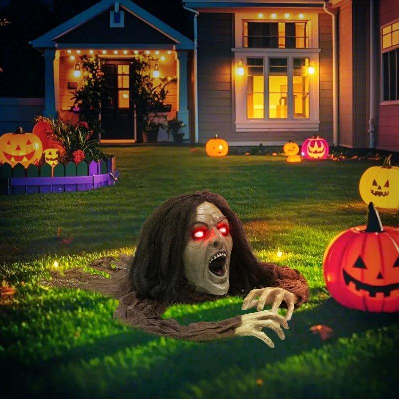 Outsunny Kruipende Zombie Decoratie voor Halloween, Geluid, Licht, Batterijvoeding