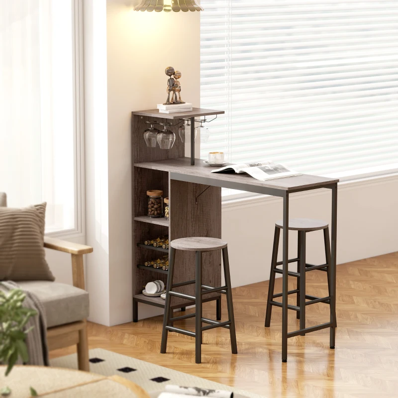 HOMCOM Ensemble de table de bar en 3 pièces avec rangement, porte-bouteilles de vin, porte-verres, tabourets avec repose-pieds, pour petits espaces, Gris