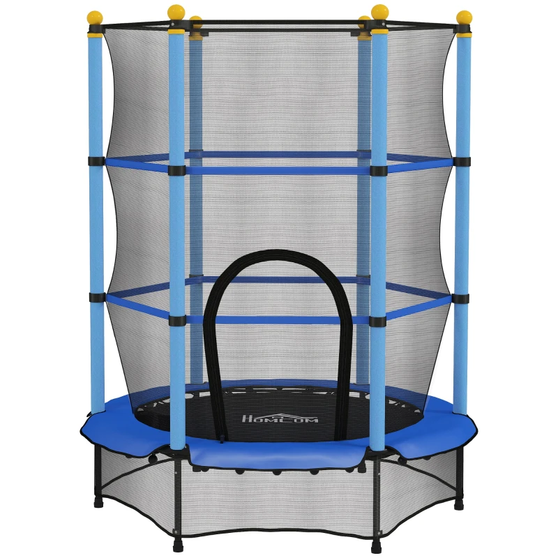 HOMCOM Trambolină Elastică pentru Copii cu Plasă de Siguranță și Țevi Căptușite, Vârstă 3-10 Ani, Ø140x190 cm, Albastru