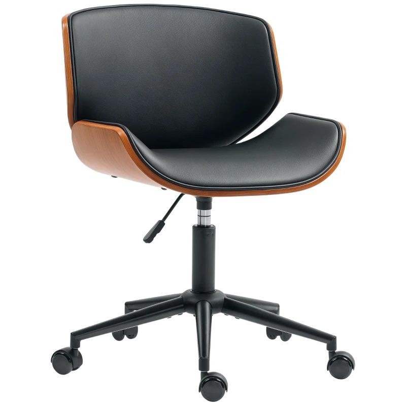 HOMCOM Silla de Escritorio sin Brazos Vintage Giratoria Tapizada en PU Madera Curvada Altura Ajustable Negro y Marrón