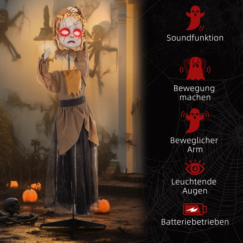 HOMCOM Grusel-Puppe Halloween-Dekoration, beweglicher Kopf, rote Augen, Batteriebetrieb(m-7)