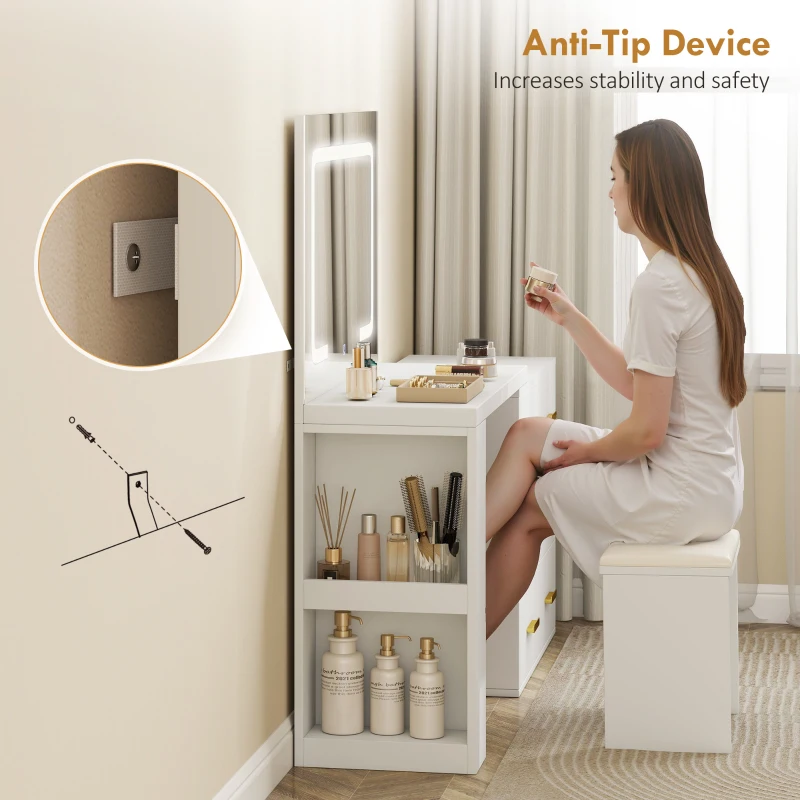 HOMCOM Tavolo da trucco con specchio e sgabello, con illuminazione LED regolabile e 6 cassetti, 118 x 78 x 135 cm, Bianco