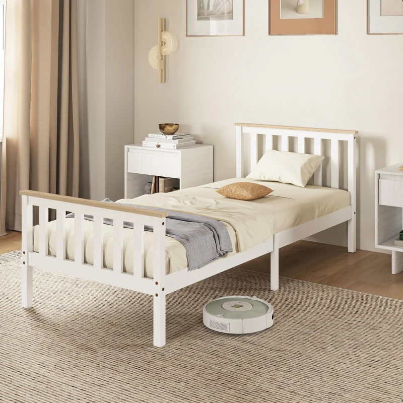 HOMCOM Letto Singolo in Legno, 210x98x82 cm, Legno Naturale e Bianco