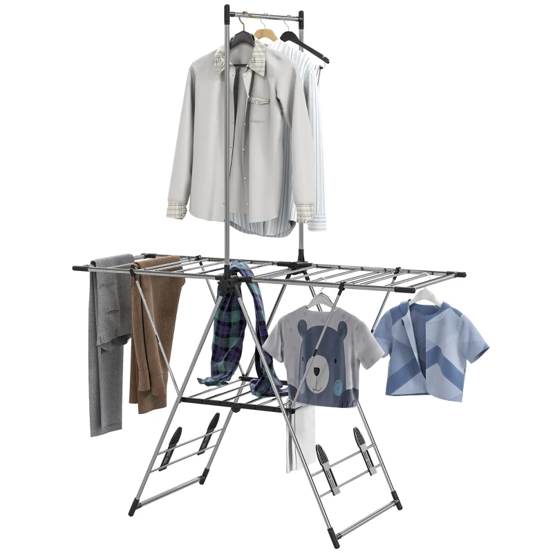 HOMCOM Séchoir Vertical Pliable avec Ailes Ajustables 4 Supports pour Chaussures Barre et Etagère 139x62,5x201 cm Argent