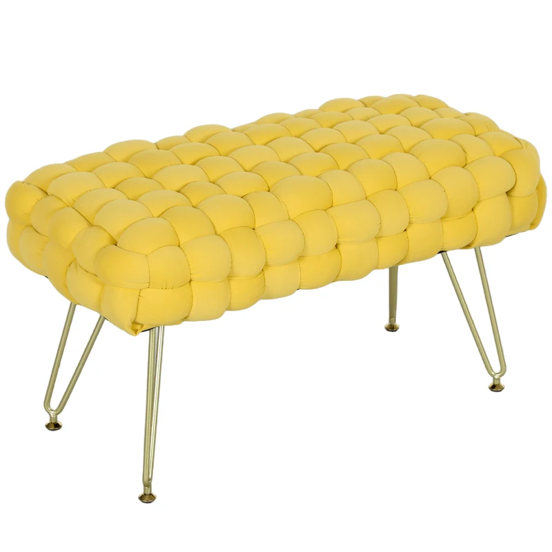 HOMCOM Banco Pie de Cama Tapizado en Terciopelo Reposapiés con Patas de Metal y Asiento Acolchado Amarillo