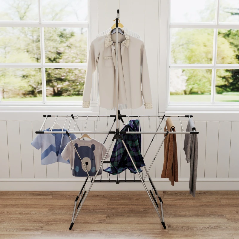 HOMCOM Vertikaler Faltbarer Wäscheständer mit verstellbaren Flügeln, 4 Schuhhaltern, Stange und Regal 139x62,5x201 cm Silber
