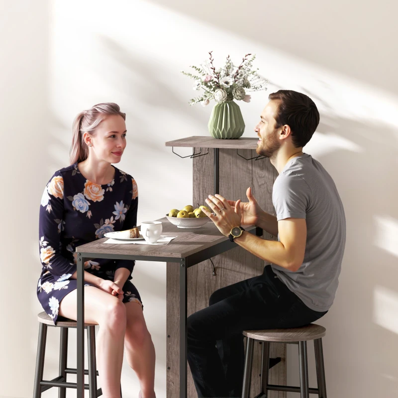 HOMCOM Ensemble de table de bar en 3 pièces avec rangement, porte-bouteilles de vin, porte-verres, tabourets avec repose-pieds, pour petits espaces, Gris