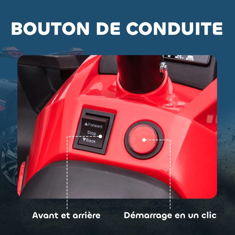 HOMCOM Quad Buggy électrique Enfant 12 V 8 Km/h Max. Voiture électrique Enfant avec Effets Lumineux sonores Selle avec Dossier Porte-Bagage Avant métal PP Rouge Noir(m-7)
