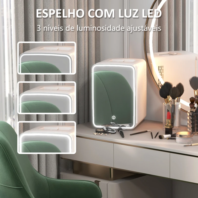 HOMCOM Mini Frigorífico para Cosméticos 10L 12V/240V para Arrefecer e Aquecer com Espelho de Luzes LED  23,5x28x34 cm Branco