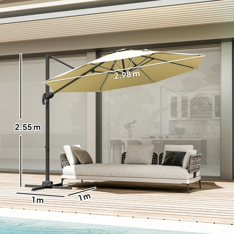 Outsunny 3(m) Adjustable Cantilever Parasol with Base, Solar LED Lights, Khaki