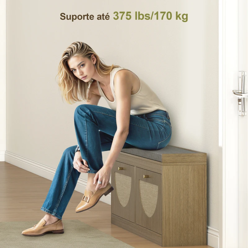 HOMCOM Banco Sapateira com Assento Acolchoado Portas em Vime Prateleira Ajustável para 8 Pares de Sapatos 104,5x24x48 cm Madeira