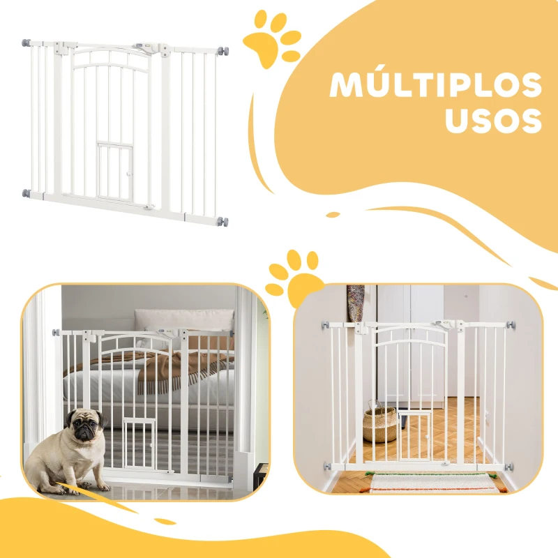 PawHut Barreira de Segurança para Cães 74-100 cm com Extensão Montagem a Pressão e Duplo Bloqueio para Porta Escada Branco