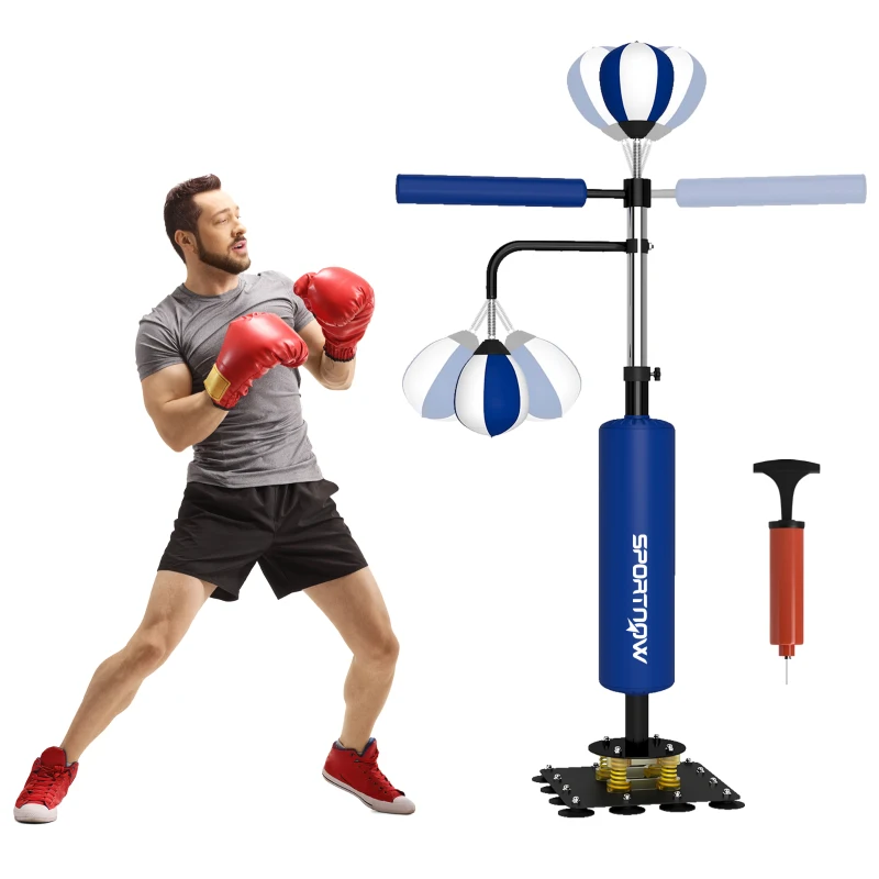 SPORTNOW Punching Bag Stand, Two Speedballs, Rotating Boxing Bar, Kick Pad, Height Adjustable, Steel, 107 x 36 x 140-205 cm, Blue