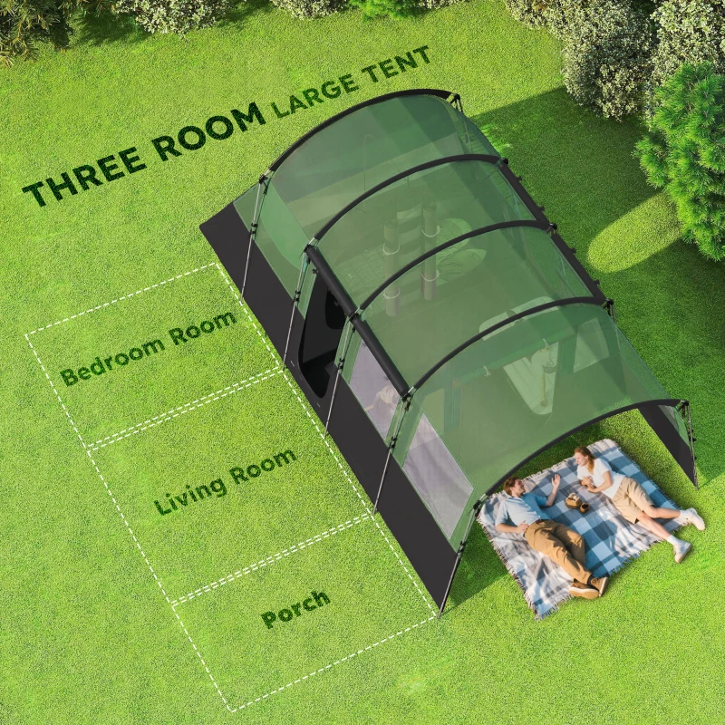 Outsunny 4-Person Camping Tent, Waterproof Family Tent, Tunnel Design, 4 Large Windows, Sleeping Cabins 3000mm Water Column Green