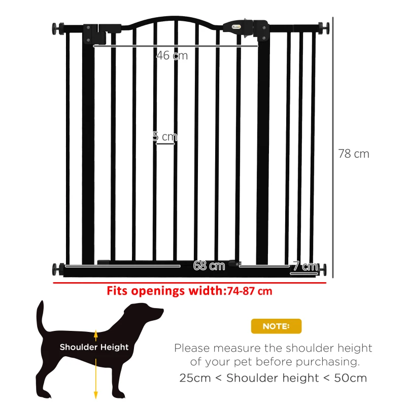 PawHut Pressure Fit Dog Stair Gate No Drilling Safety Gate Auto Close for Doorways, Hallways, 74-87cm Adjustable, 78cm Tall, Black
