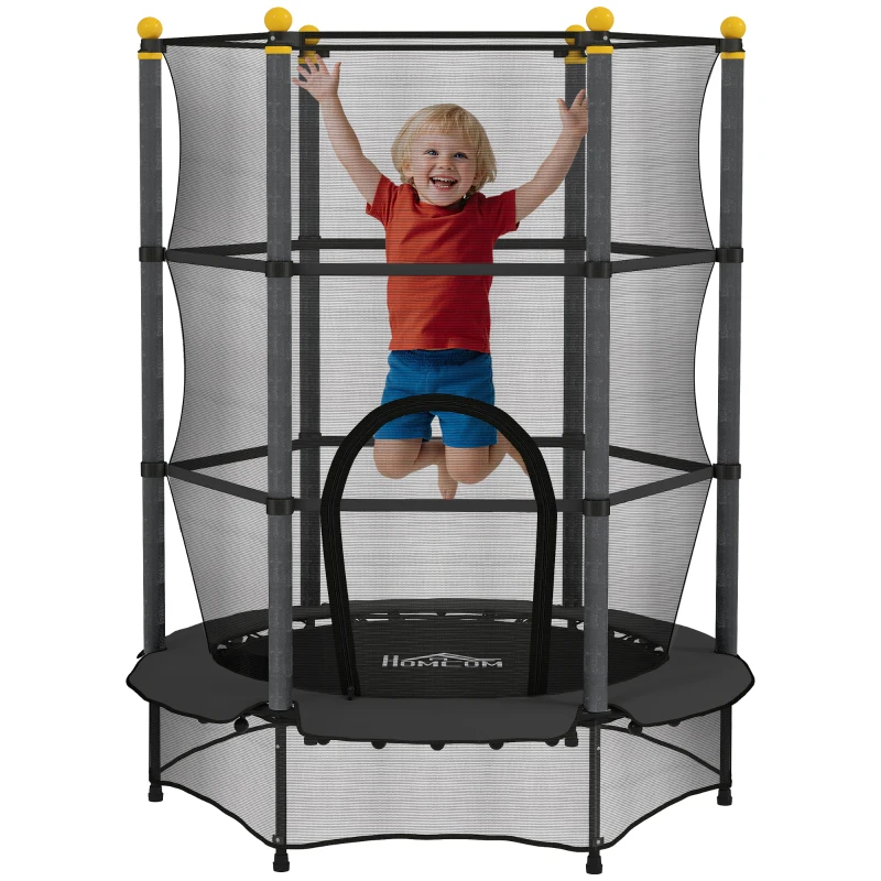 HOMCOM Trambulină Elastică pentru Copii 3-10 Ani cu Plasă de Siguranță și Țevi Capitonate, Ø140 x 190 cm, Negru