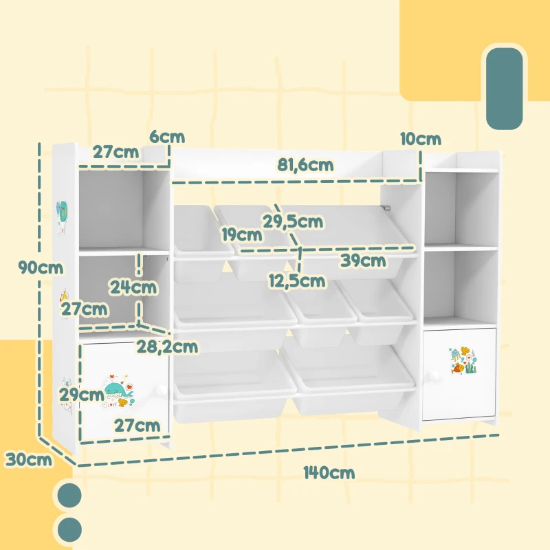 AIYAPLAY Mueble de almacenamiento infantil, estantería de almacenamiento para juguetes infantiles con 8 contenedores extraíbles, 140x30x90 cm, blanco