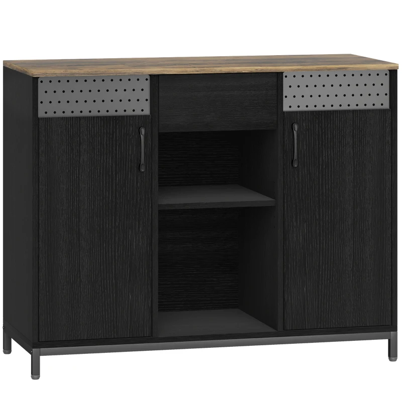 HOMCOM Buffet 2 Portes avec Perforations 2 Compartiments et Tiroir Étagères Ajustables 100x40x80 cm Noir et Marron Rustique