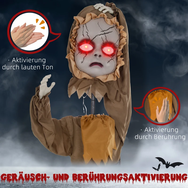 HOMCOM Grusel-Puppe Halloween-Dekoration, beweglicher Kopf, rote Augen, Batteriebetrieb(m-6)