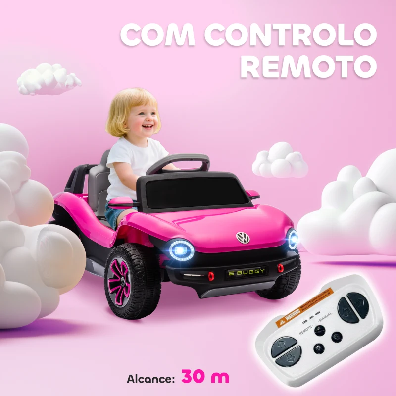 AIYAPLAY Carro Elétrico para Crianças Volkswagen E-Buggy Bateria 12V com Controlo Remoto 2,4 G Faróis LED Música USB 98x56,5x47 cm Rosa