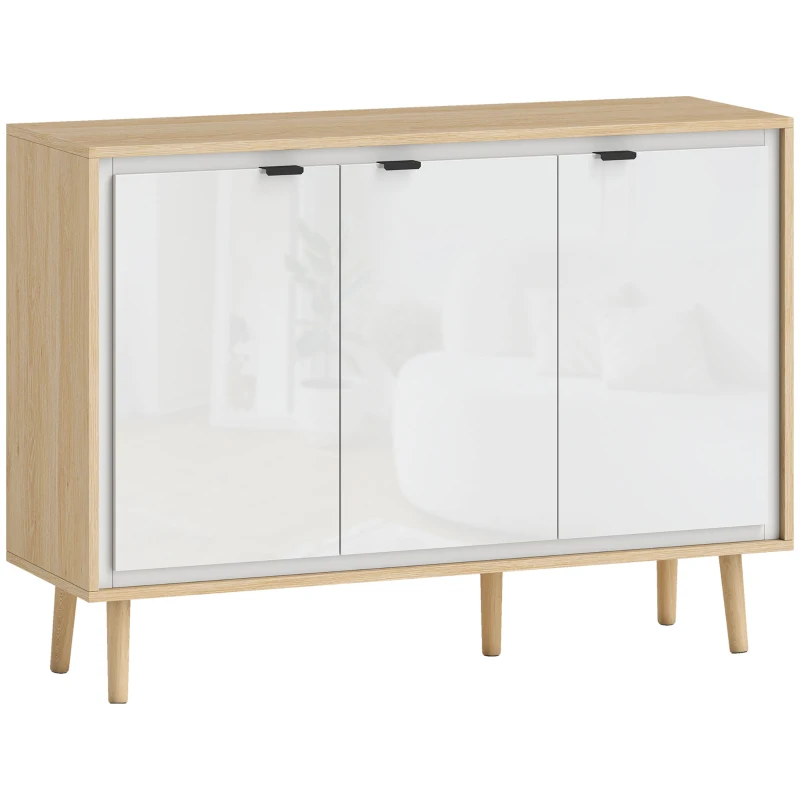 HOMCOM Credenza Moderna a 3 Ante con Ripiano Regolabile, 107x35x77 cm, Bianco Lucido e Rovere