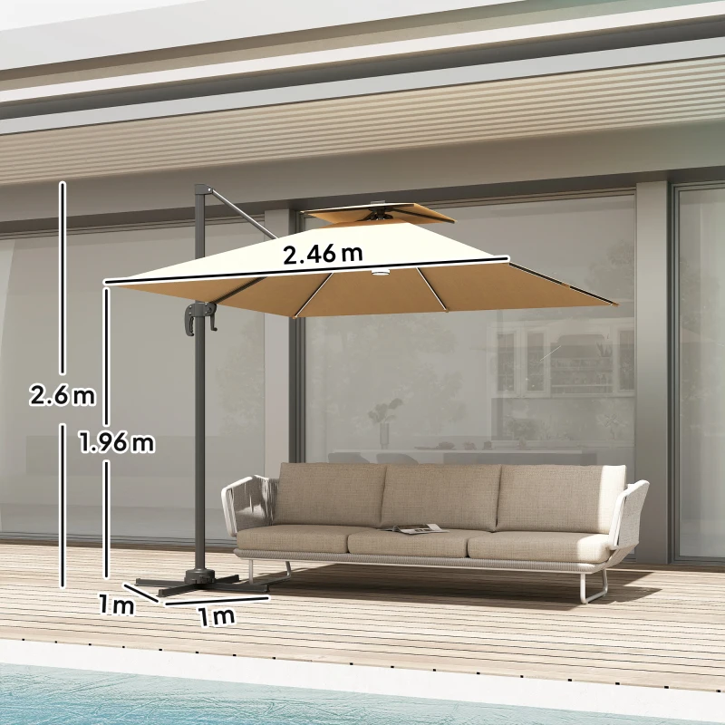 Outsunny 2.5m Cantilever Parasol with Solar Powered LED Lights, 360° Rotation, Tilt Adjustment, Crank Handle, Khaki