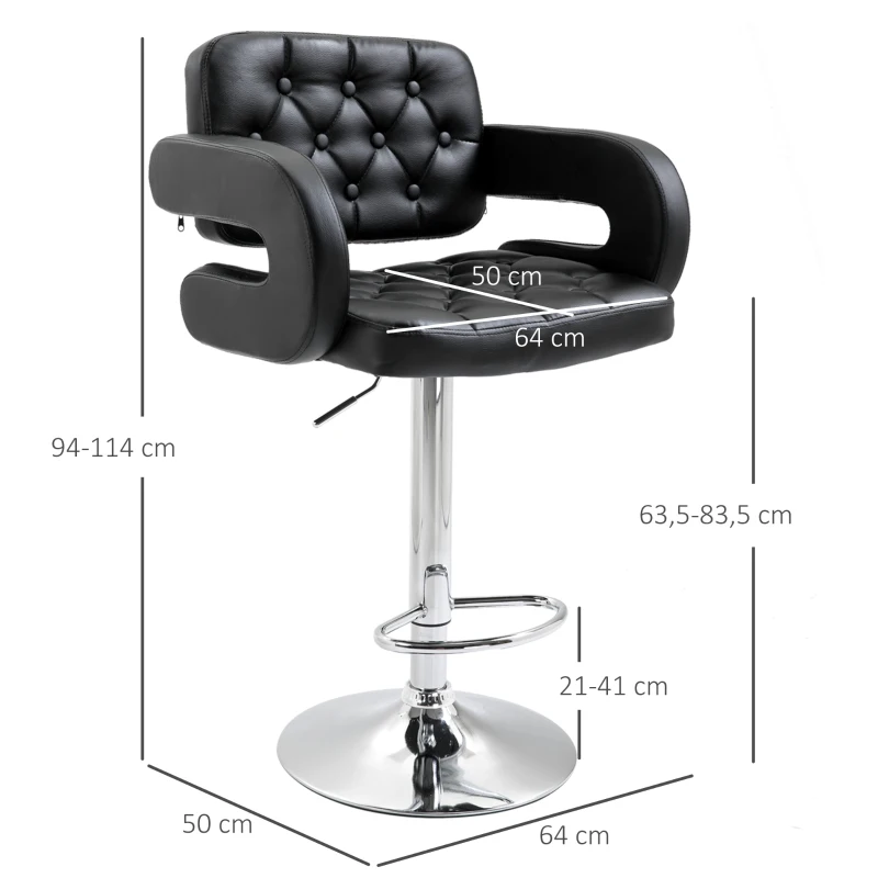 HOMCOM Drehbarer Barhocker Höhenverstellbarer Barhocker mit Rückenlehne, Fußstütze und U-förmigen Armlehnen 61x50x94-114 cm Schwarz