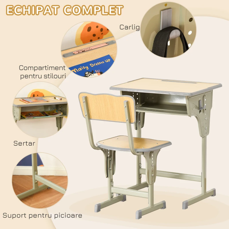 HOMCOM Banca scoala cu Scaun – Reglabil, Lemn Natur, 6–12 Ani