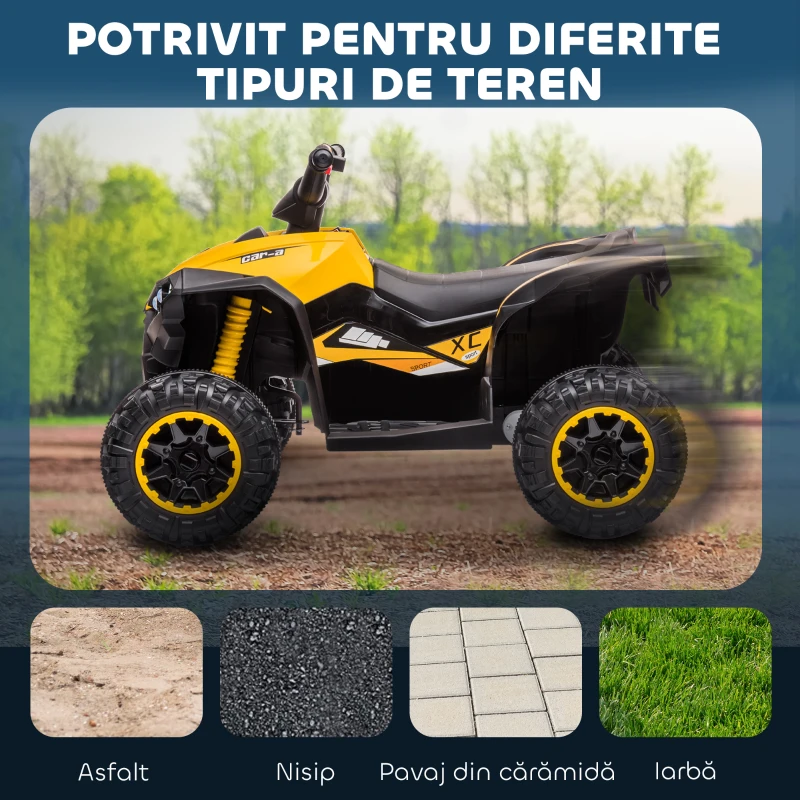 HOMCOM ATV 12V pentru copii cu cauciucuri late, masina, faruri LED, claxon, muzica, pentru 3-5 ani, galben(m-5)