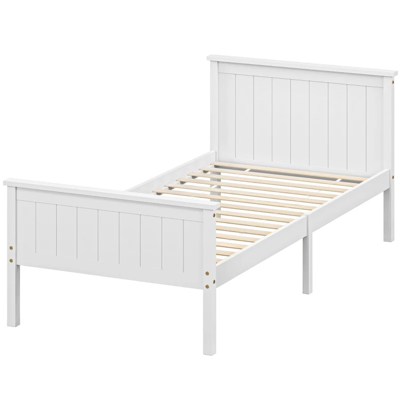 HOMCOM Marco de Cama 100 x 210 cm, cama individual de madera maciza con somier de listones cabecera y pie incluidos, montaje fácil, blanco